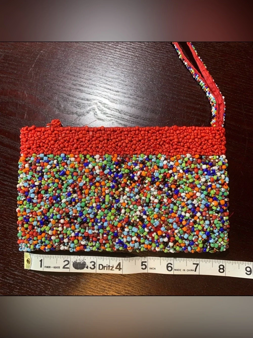 WRISTLET CLUTCH SMALL MULTICOLORED BEADED TOP ZIPPER SATIN LINING